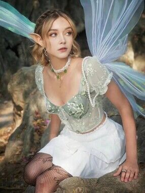 Romwe Womens Medium Green Lace Crop Bustier Top Floral Sheer Fairy